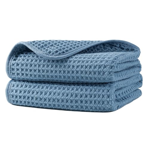 Microfiber Waffle Hand Towels, 2 Pieces, Soft, Absorbent, Fast Drying, Lint Free 430 GSM (Blue) - Image 1
