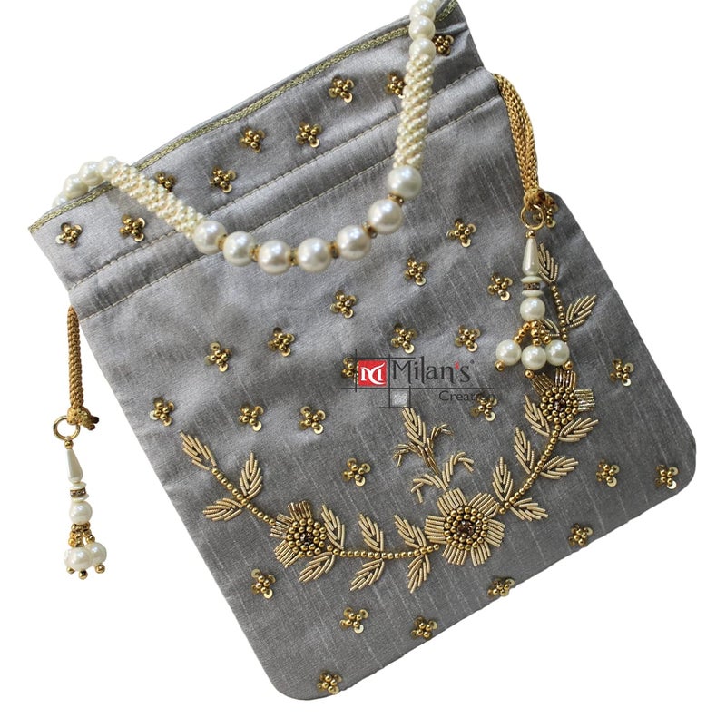 MILAN'S CREATION : Pearl & Zardosi Potli Bag Hand Embroidery Drawstring Potli Women's Handbag Purse With Pearl Handle & Tassel Purse - Image 3