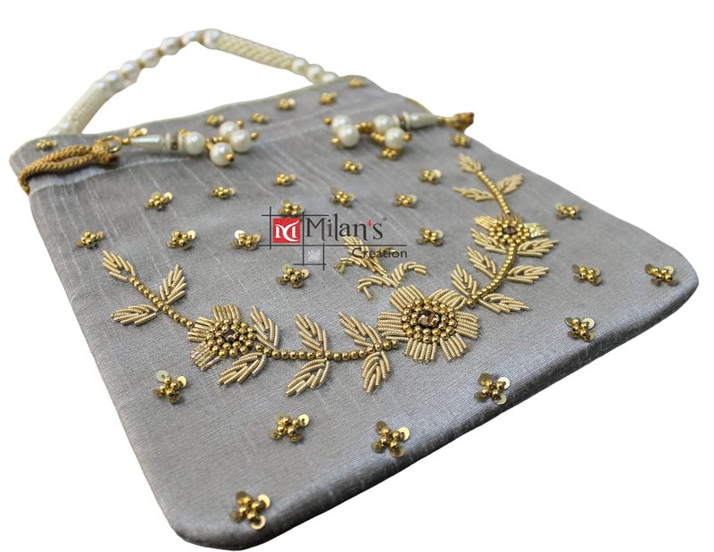 MILAN'S CREATION : Pearl & Zardosi Potli Bag Hand Embroidery Drawstring Potli Women's Handbag Purse With Pearl Handle & Tassel Purse - Image 4