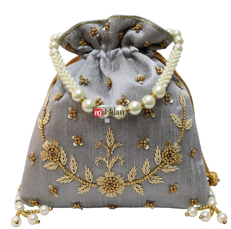 MILAN'S CREATION : Pearl & Zardosi Potli Bag Hand Embroidery Drawstring Potli Women's Handbag Purse With Pearl Handle & Tassel Purse - Image 1