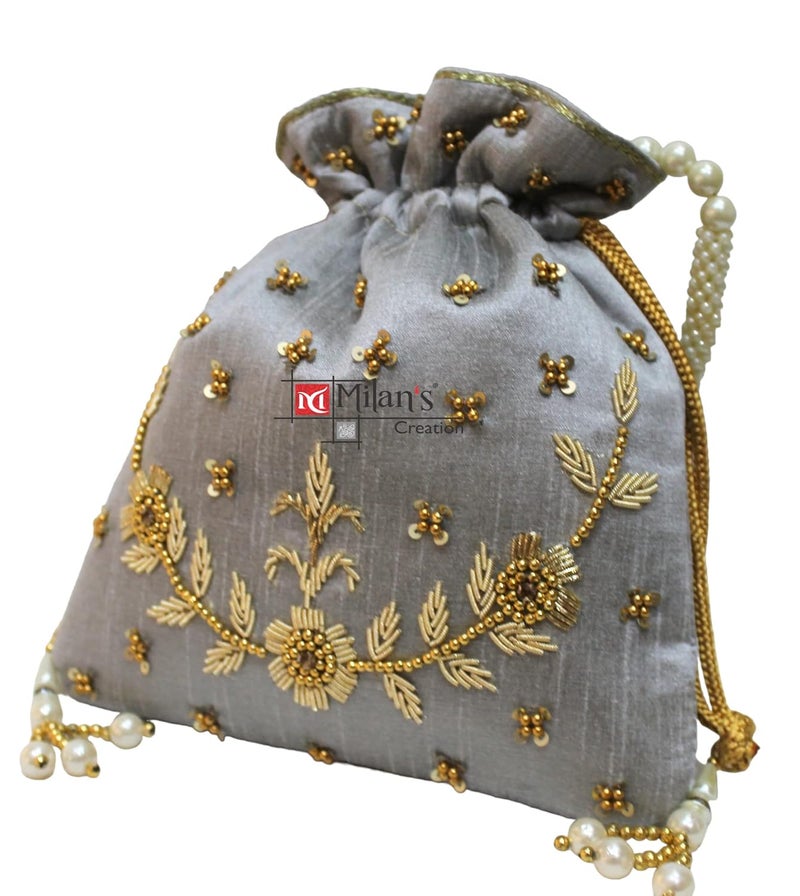 MILAN'S CREATION : Pearl & Zardosi Potli Bag Hand Embroidery Drawstring Potli Women's Handbag Purse With Pearl Handle & Tassel Purse - Image 2