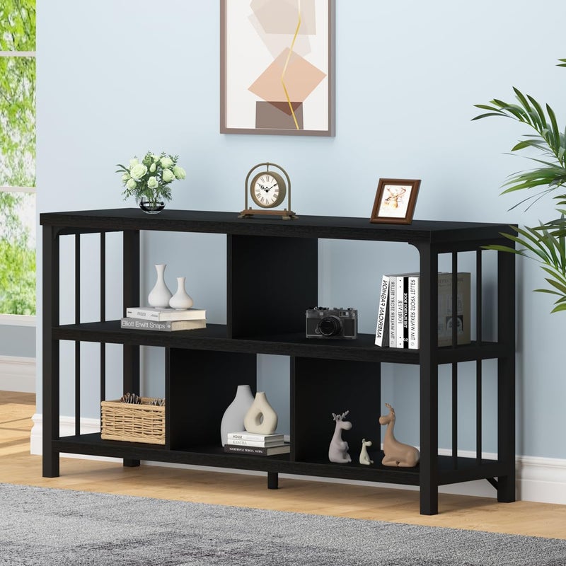 IBF IBF Horizontal Cube Book shelf Industrial Modern Open Bookshelf Low Wide Home 5 Cube Storage Organizer Long Shelf for Bedroom Short Wood and Metal Cubby Book Shelf for Living Room Black Oak 47 In