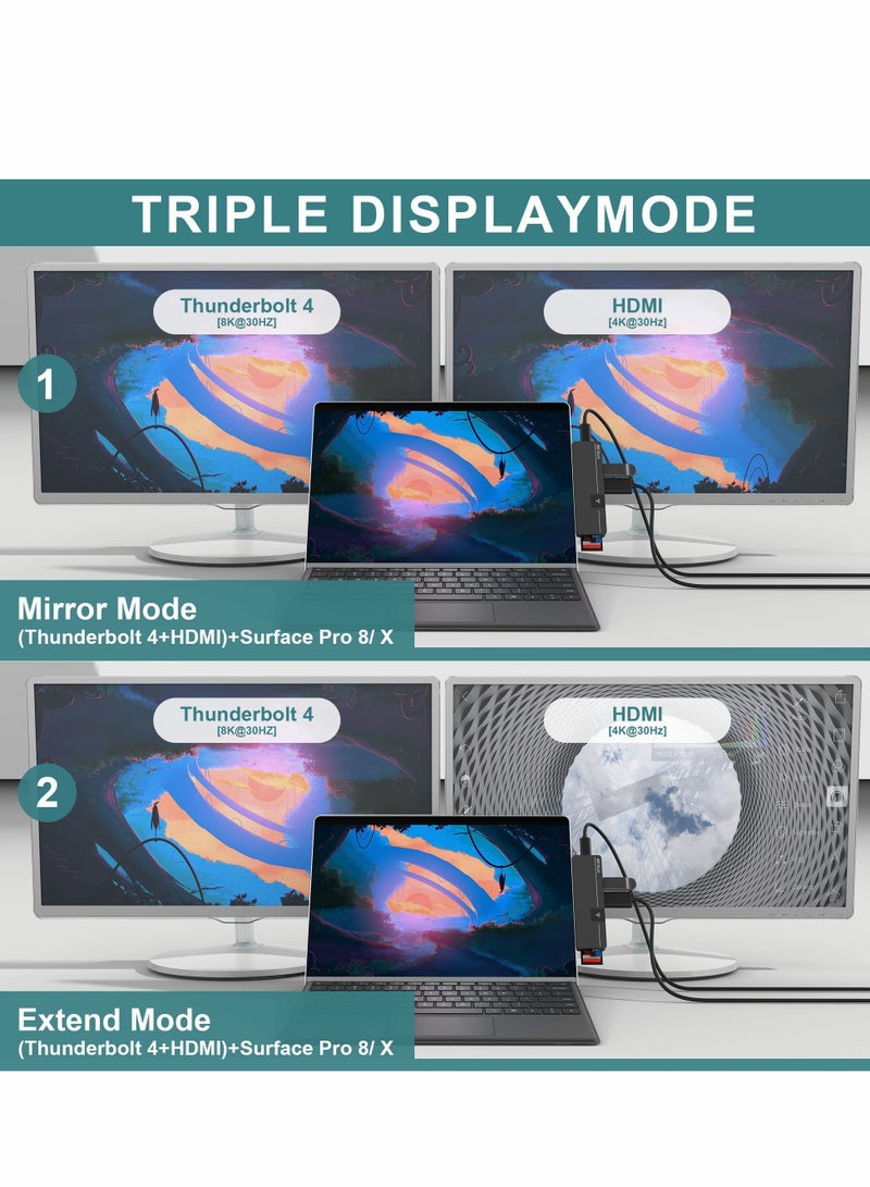 محطة إرساء Surface Pro 8 Hub مع HDMI 4K ، USB-C Thunderbolt 4 (عرض + بيانات + شحن PD) ، USB 3.0 ، USB C (بيانات) ، LAN بسرعة 100 ميغابت ، صوت ، فتحة بطاقة SD + TF ، عرض ثلاثي لجهاز Microsoft Surface Pro 8/Pro X - Image 4