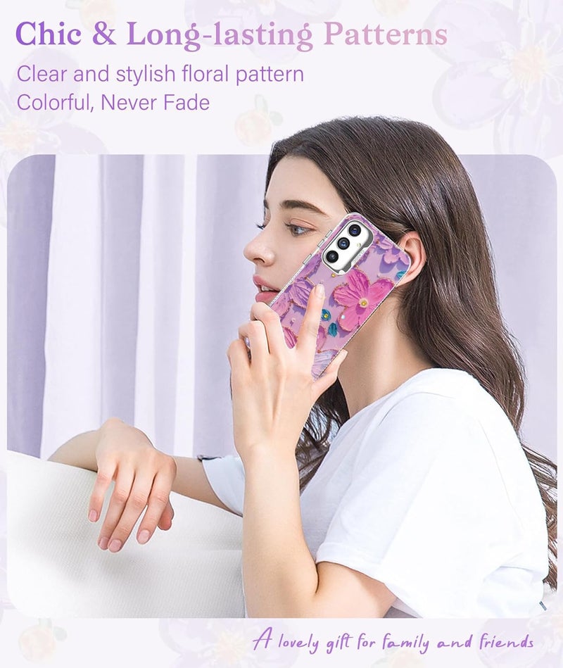 Elzzi حافظة متوافقة مع سامسونج S24 5G بتصميم زهرة ليزر زيتية ملونة جميلة مع حماية كاملة للكاميرا، صدمة PC+TPU غلاف لامع للبنات والنساء، وردي وبنفسجي - Image 2