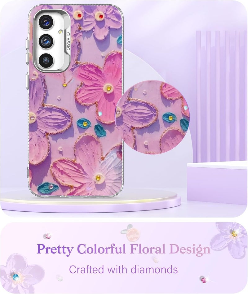 Elzzi حافظة متوافقة مع سامسونج S24 5G بتصميم زهرة ليزر زيتية ملونة جميلة مع حماية كاملة للكاميرا، صدمة PC+TPU غلاف لامع للبنات والنساء، وردي وبنفسجي - Image 5
