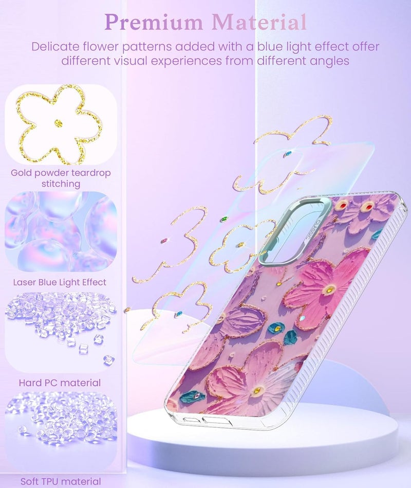 Elzzi حافظة متوافقة مع سامسونج S24 5G بتصميم زهرة ليزر زيتية ملونة جميلة مع حماية كاملة للكاميرا، صدمة PC+TPU غلاف لامع للبنات والنساء، وردي وبنفسجي - Image 4
