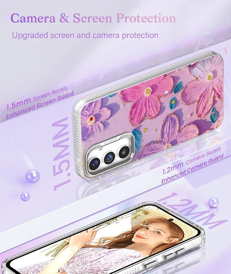 Elzzi حافظة متوافقة مع سامسونج S24 5G بتصميم زهرة ليزر زيتية ملونة جميلة مع حماية كاملة للكاميرا، صدمة PC+TPU غلاف لامع للبنات والنساء، وردي وبنفسجي - Image 3