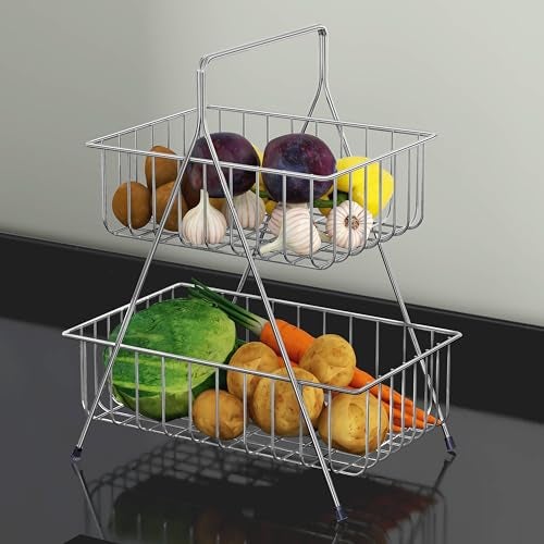 Plantex Fruit Basket for Dining Table/2-Tier Fruit Stand for Kitchen/Vegetable Basket Stand – Chrome (30 x 30 x 35 cm) - Image 1