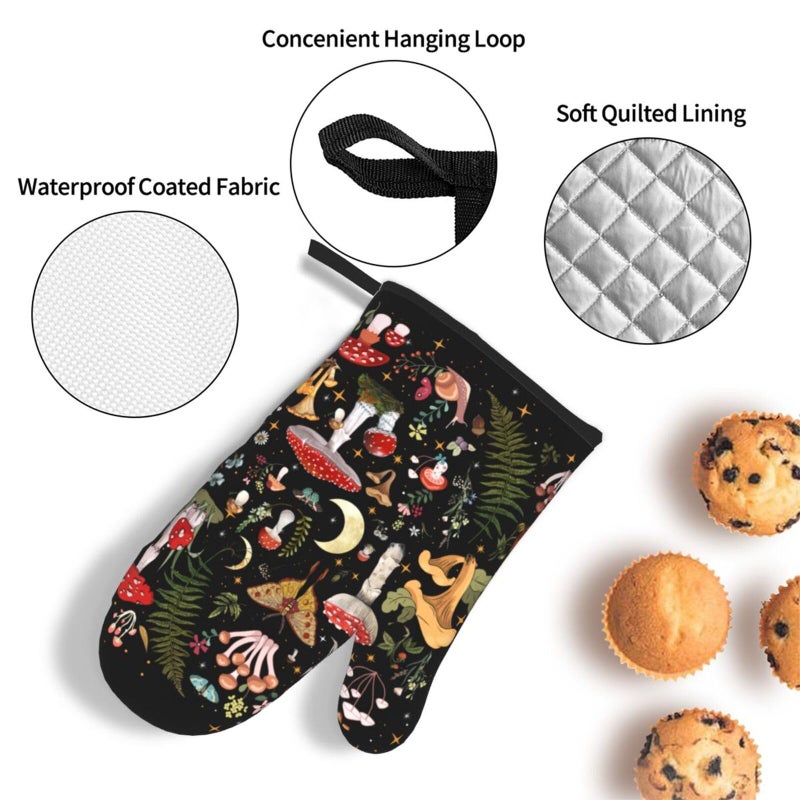 LANAIQO Mushroom Oven Mitts and Pot Holders Sets, Heat Resistant Black Hot Pads Witchy Oven Gloves for Cooking Grilling Baking Kitchen Decor Aesthetic, Witchy Gifts for Women,Mushroom Gifts for Women - Image 5