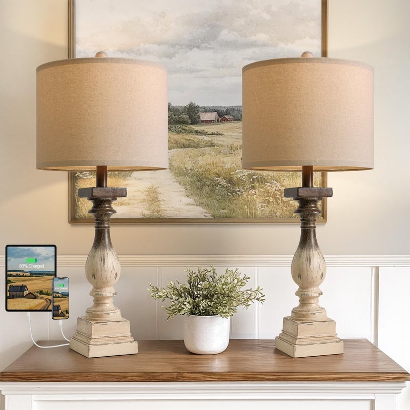 BOBOMOMO 27" Farmhouse Table Lamps with USB-A +C Ports, Vintage Rustic Side Table Lamps Set of 2, Linen Shade, Retro Bedside Night Stand Lamps for Living Room, Bedroom, Office, Home Decor - Image 1