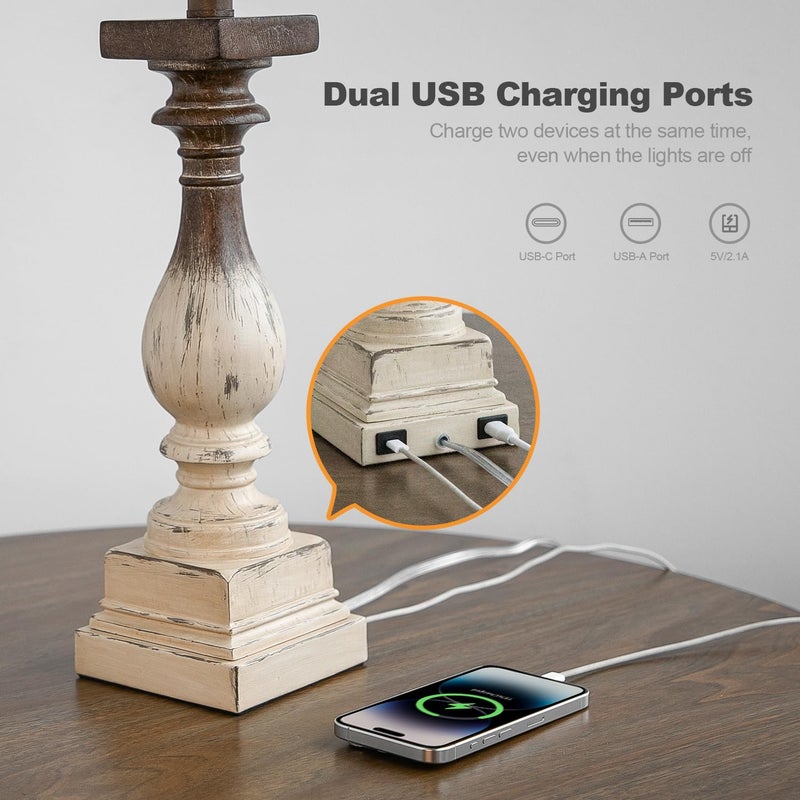 BOBOMOMO 27" Farmhouse Table Lamps with USB-A +C Ports, Vintage Rustic Side Table Lamps Set of 2, Linen Shade, Retro Bedside Night Stand Lamps for Living Room, Bedroom, Office, Home Decor - Image 3