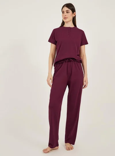 Styli Burgundy Knitted T-Shirt and Straight Pyjama Set for Women