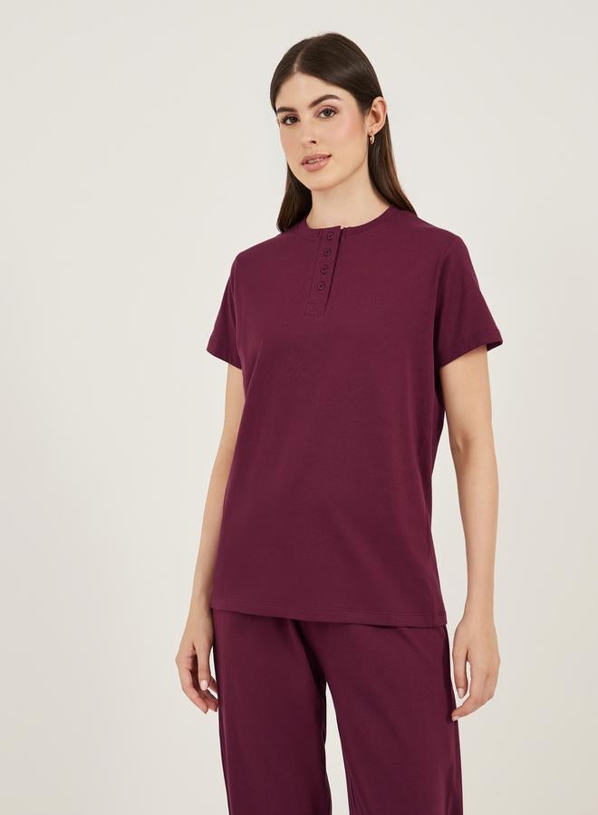Styli Burgundy Knitted T-Shirt and Straight Pyjama Set for Women - Image 3