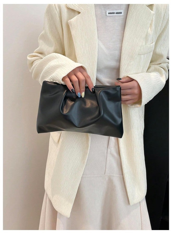 OYOANGLE Women's PU Leather Clutch Purses Small Zipper Ruched Minimalist Handbag Black One Size - Image 3