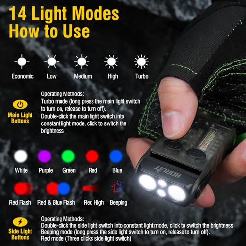 BORUIT V20 Small Powerful Pocket Flashlight,180°Head Swivels with Cob Side Light and Atmosphere Lamp Cap,Ip67 USB C Rechargeable Flashlight with Clip,Lanyard and Keychain,Magnetic Buzzer-13 Modes - Image 3