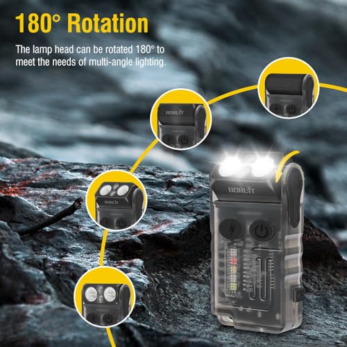 BORUIT V20 Small Powerful Pocket Flashlight,180°Head Swivels with Cob Side Light and Atmosphere Lamp Cap,Ip67 USB C Rechargeable Flashlight with Clip,Lanyard and Keychain,Magnetic Buzzer-13 Modes - Image 5