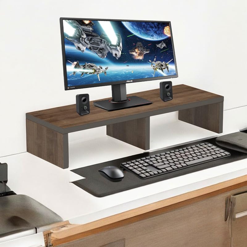 flux Monitor Stand Wooden | Monitor Stand Riser | PC Stand For Desktop Table | , with 3 leg support, Non-Slip | Material: Particle Board Wood | Size: (59.5 cm x 20cm x 12cm) Brown - Image 1