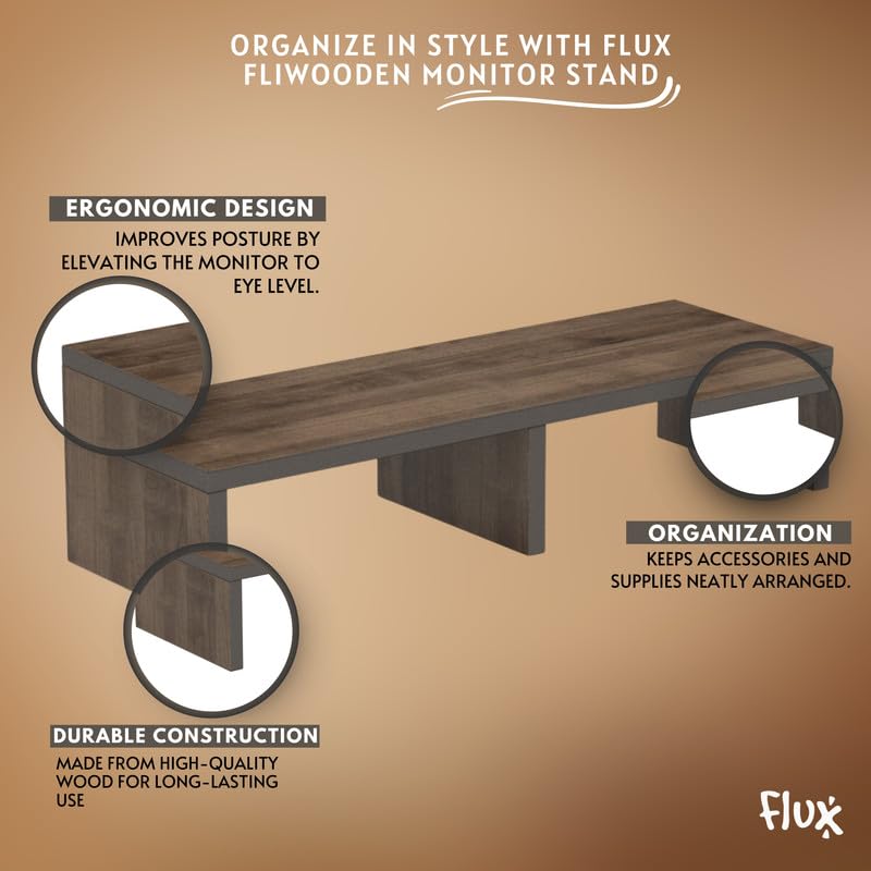 flux Monitor Stand Wooden | Monitor Stand Riser | PC Stand For Desktop Table | , with 3 leg support, Non-Slip | Material: Particle Board Wood | Size: (59.5 cm x 20cm x 12cm) Brown - Image 5