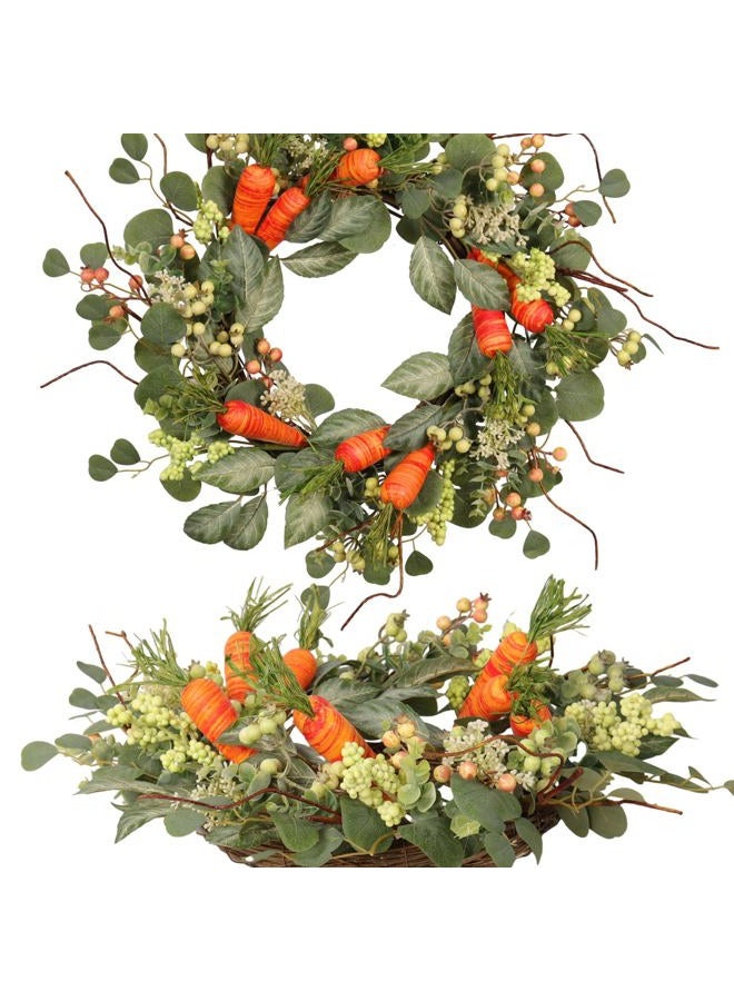 Quixem Spring Wreath Artificial Carrot Eucalyptus Wreath 22IN, Orange Green White, Spring Easter Summer Front Door Wall Decor - Image 1