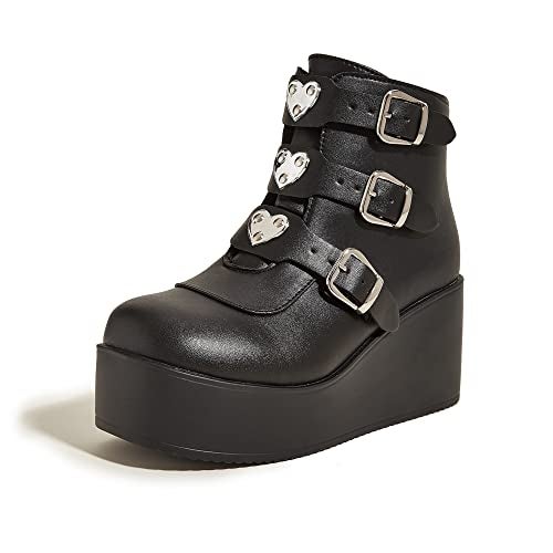 LUCKY STEP Women Platform Chunky Ankle Boots - Round Toe Zipper Wedges High Heels Rave Buckle Thick Sole Goth Booties (Black,6 B(M) US) - Image 1