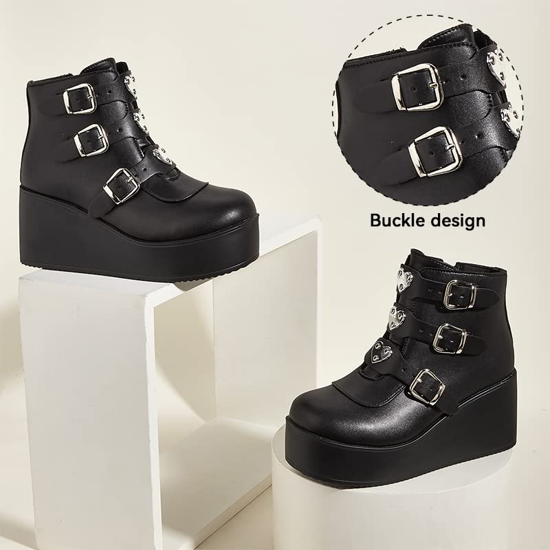 LUCKY STEP Women Platform Chunky Ankle Boots - Round Toe Zipper Wedges High Heels Rave Buckle Thick Sole Goth Booties (Black,6 B(M) US) - Image 4