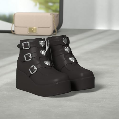 LUCKY STEP Women Platform Chunky Ankle Boots - Round Toe Zipper Wedges High Heels Rave Buckle Thick Sole Goth Booties (Black,6 B(M) US) - Image 2