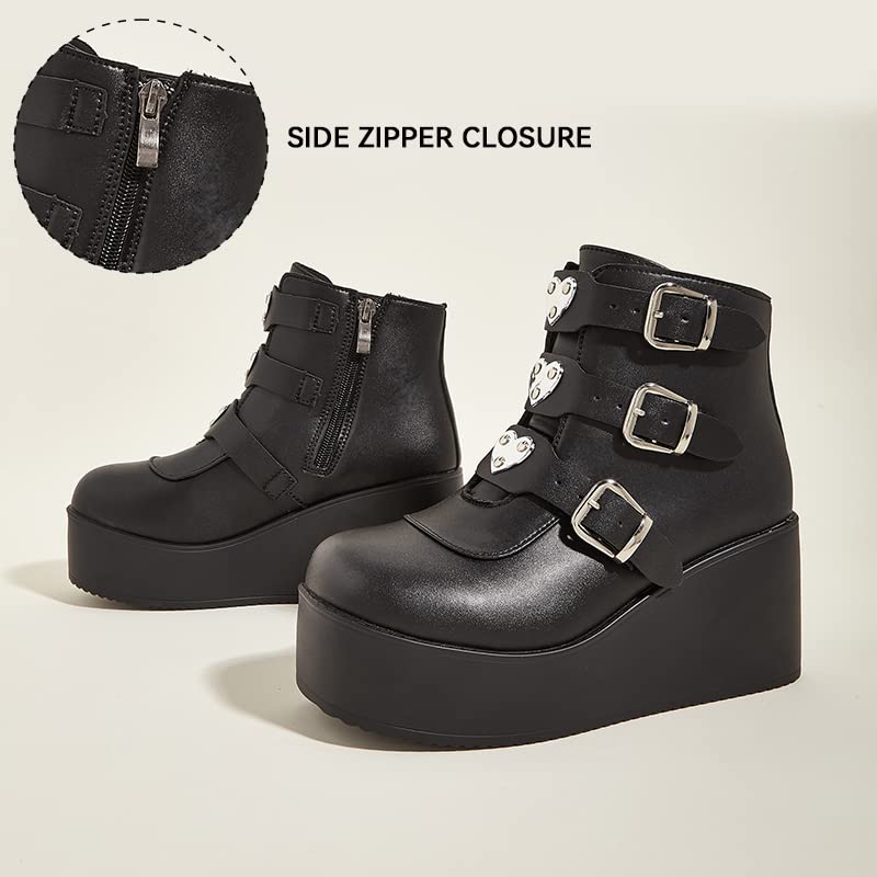 LUCKY STEP Women Platform Chunky Ankle Boots - Round Toe Zipper Wedges High Heels Rave Buckle Thick Sole Goth Booties (Black,6 B(M) US) - Image 3