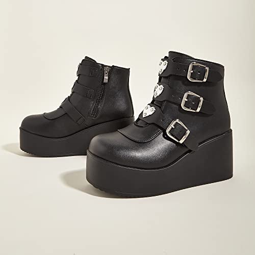 LUCKY STEP Women Platform Chunky Ankle Boots - Round Toe Zipper Wedges High Heels Rave Buckle Thick Sole Goth Booties (Black,6 B(M) US) - Image 5