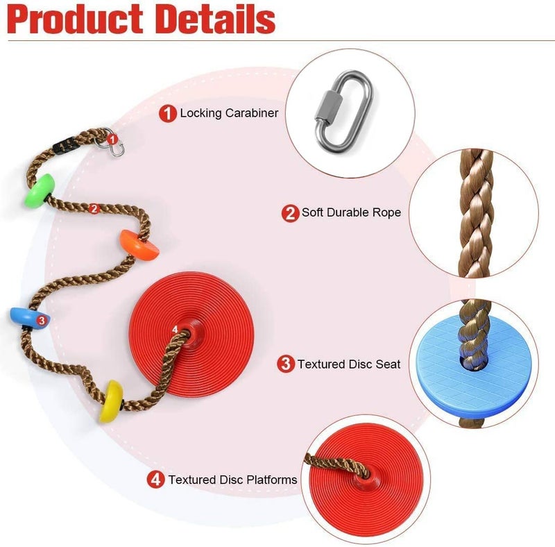 REZNOR Platforms Disc Tree Swing Seat and Climbing Knot Rope with Carabiner Hook for Kids Outdoor Playground Set (Multicolour) - Image 5
