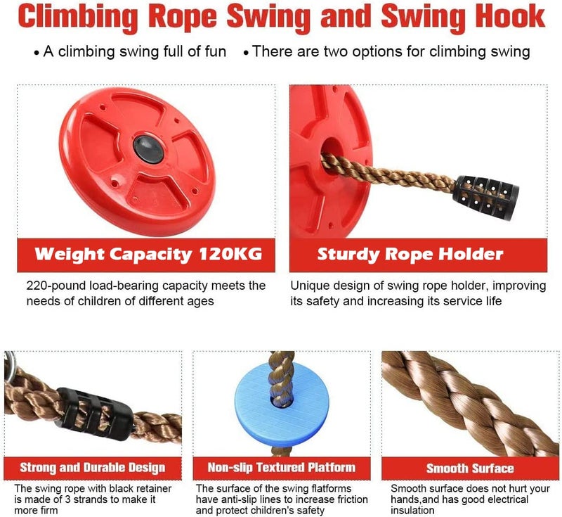 REZNOR Platforms Disc Tree Swing Seat and Climbing Knot Rope with Carabiner Hook for Kids Outdoor Playground Set (Multicolour) - Image 3