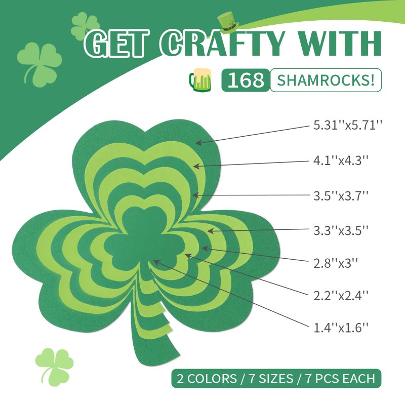 Labrostar 168Pcs St Patricks Day Decorations Pre-Cut Shamrock Cutouts Bulletin Board Decor Lucky Green Irish Clover Shapes for School Classroom Home Office Decorations 7 Sizes - Image 3