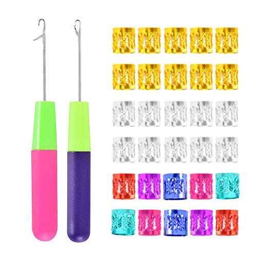 Yongyi 2Pcs Latch Hook Crochet Needle + 20 Pcs Dread Lock Rhinestone Hair Rings Gold Silver C olours Metal Cuffs Hair Accessories Decoration Filigree Tube for Crochet Braids Hair Decoration Accessories - Image 1
