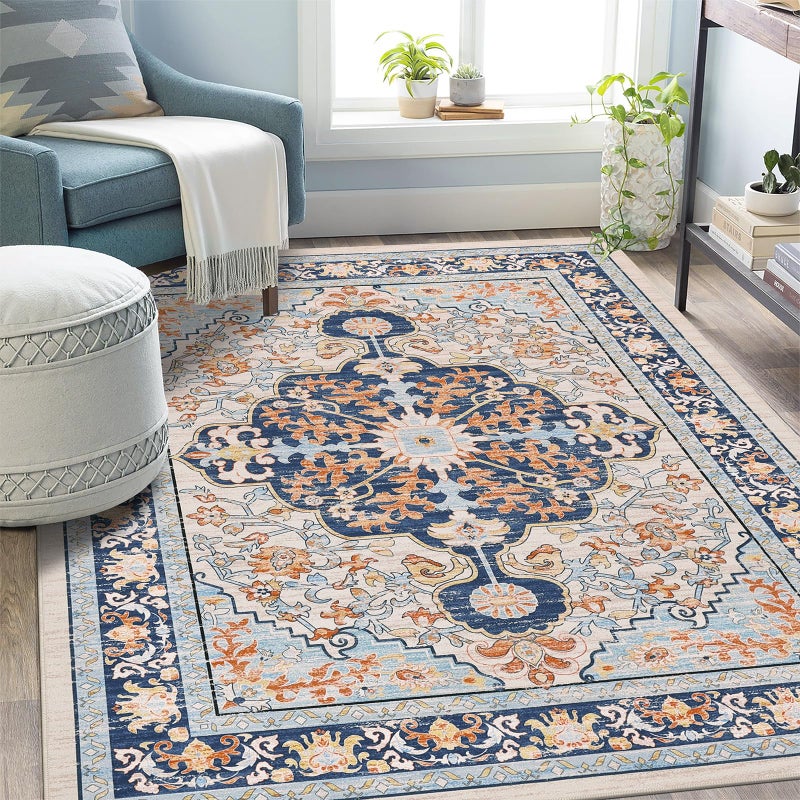 U'Artlines UArtlines Boho Vintage Area Rug 5x7 Machine Washable Low Pile Soft Floor Carpet Non Slip Non Shedding Accent Rug for Living Room Bedroom Entryway Dining Room Office OrangeBlue - Image 2