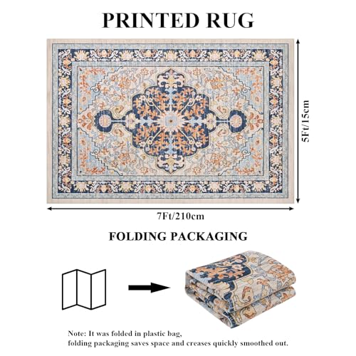 U'Artlines UArtlines Boho Vintage Area Rug 5x7 Machine Washable Low Pile Soft Floor Carpet Non Slip Non Shedding Accent Rug for Living Room Bedroom Entryway Dining Room Office OrangeBlue - Image 3