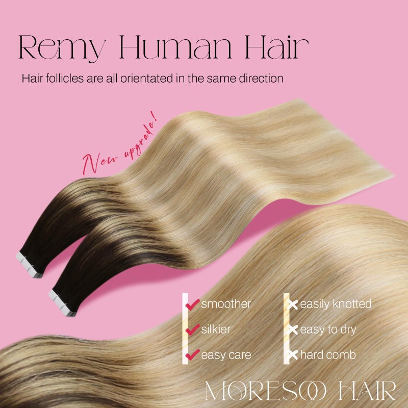 Moresoo Tape in Hair Extensions Ombre Blonde 16 Inch Tape in Extensions Human Hair 20pcs Remy Glue in Extensions #2/27/613 Balayage Darkest Brown to Blonde Glue in Seamless Hair Extensions 50g - Image 2