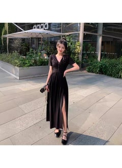 Plus Size Women's Fashion Design V-neck Pleated Hem Left Slit Short Sleeve Dress Women's Chubby Girl Skirt