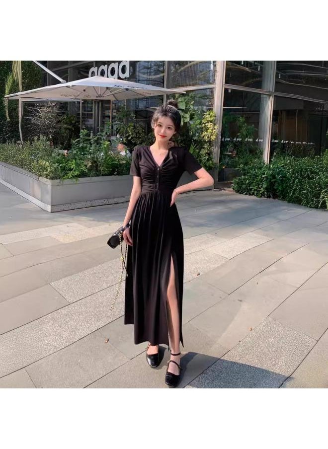 Generic - Plus Size Women's Fashion Design V-neck Pleated Hem Left Slit Short Sleeve Dress Women's Chubby Girl Skirt - Image 1
