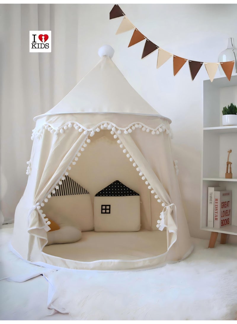 I LOVE KIDS Kids Cotton Play Tent With Triangle Flag Castle Playhouse,Big Size Foldable 110CM * 110CM * 130CM (White) - Image 1