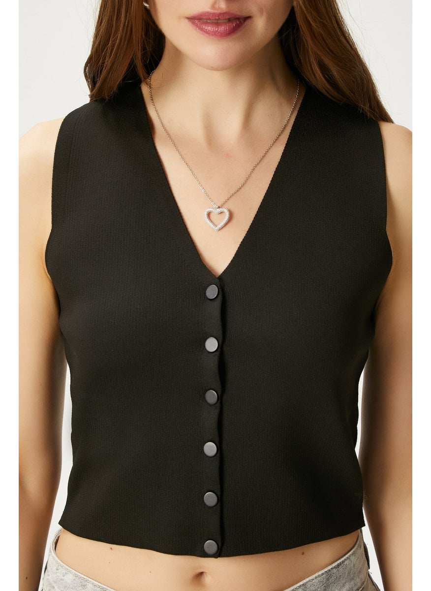 Ritnice - Women's Petite Snap Crop Black Knit Vest - Image 1