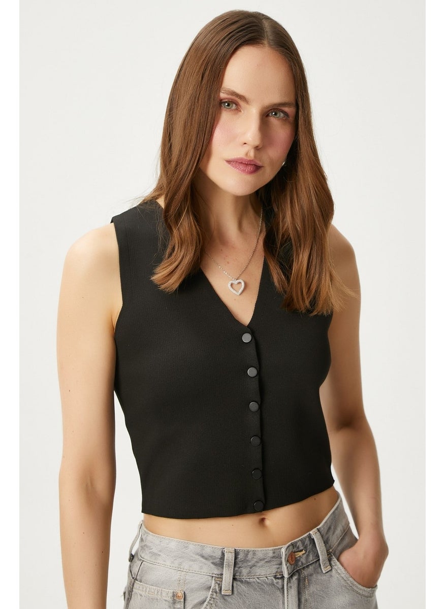 Ritnice - Women's Petite Snap Crop Black Knit Vest - Image 1
