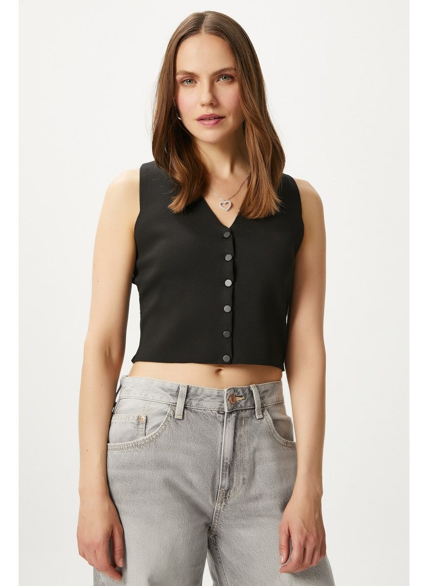 Ritnice - Women's Petite Snap Crop Black Knit Vest - Image 1