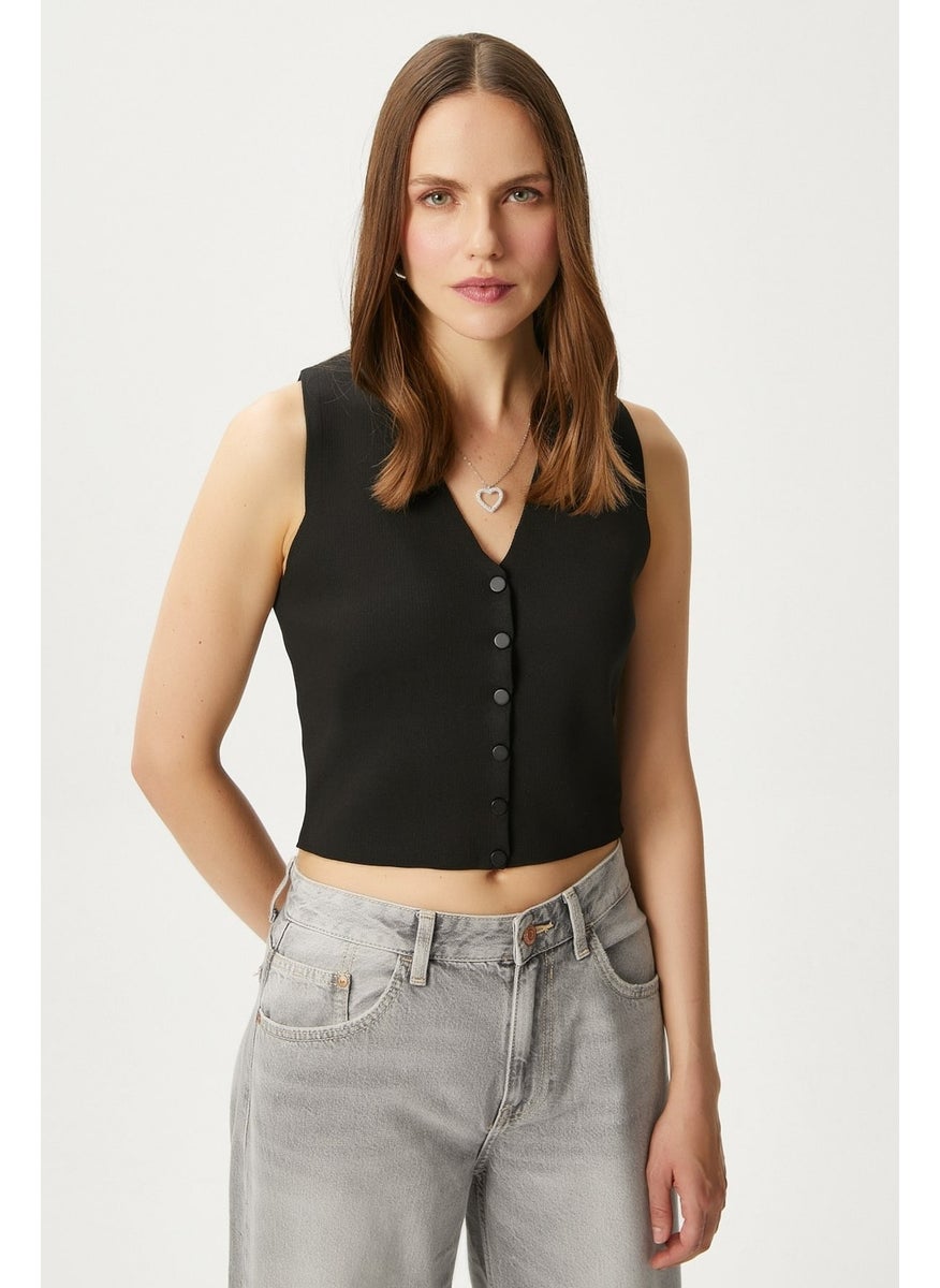 Ritnice - Women's Petite Snap Crop Black Knit Vest - Image 1