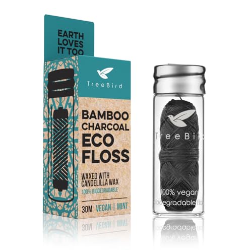 TreeBird Organic Biodegradable Bamboo Charcoal Dental Floss & Refillable Glass Holder | Vegan | Naturally Waxed with Candelilla Wax | 33yd Thread Spool | Eco-Friendly Zero Waste Oral Care | Mint Flavored - Image 1