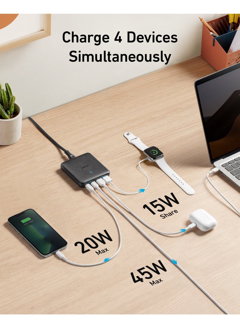Anker USB C Plug, 543 (65W II) PIQ 3.0 and GaN, 4-Port Fast Wall Charger with Dual Type C Ports (45W Max) for Efficient Charging, Compatible with MacBook, iPad, iPhone, USB C Laptop, and More - Image 4