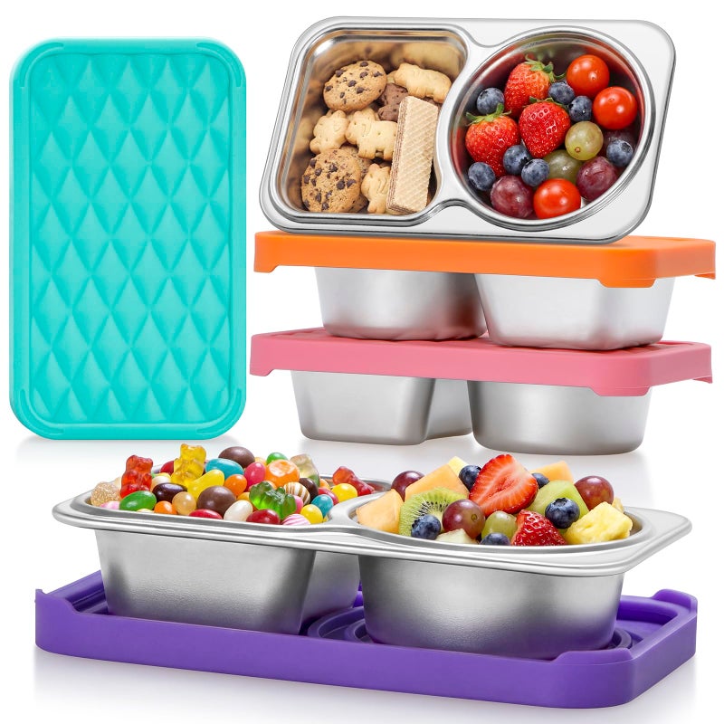 BRIGHTWORLD 4 PacK Stainless Steel Snack Containers with Silicone Lids, 2 Compartment Snackle Box Container, Leak-Proof Reusable Metal Food Storage Container for Travel, School, Meal Prep, Camping - Image 1