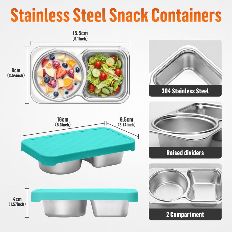 BRIGHTWORLD 4 PacK Stainless Steel Snack Containers with Silicone Lids, 2 Compartment Snackle Box Container, Leak-Proof Reusable Metal Food Storage Container for Travel, School, Meal Prep, Camping - Image 2