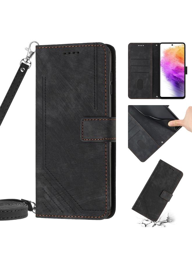 Skin Feel Stripe Pattern Leather Phone Case with Lanyard for Samsung Galaxy A22 4G / M32 4G Global / M32 4G India / F22 / M22