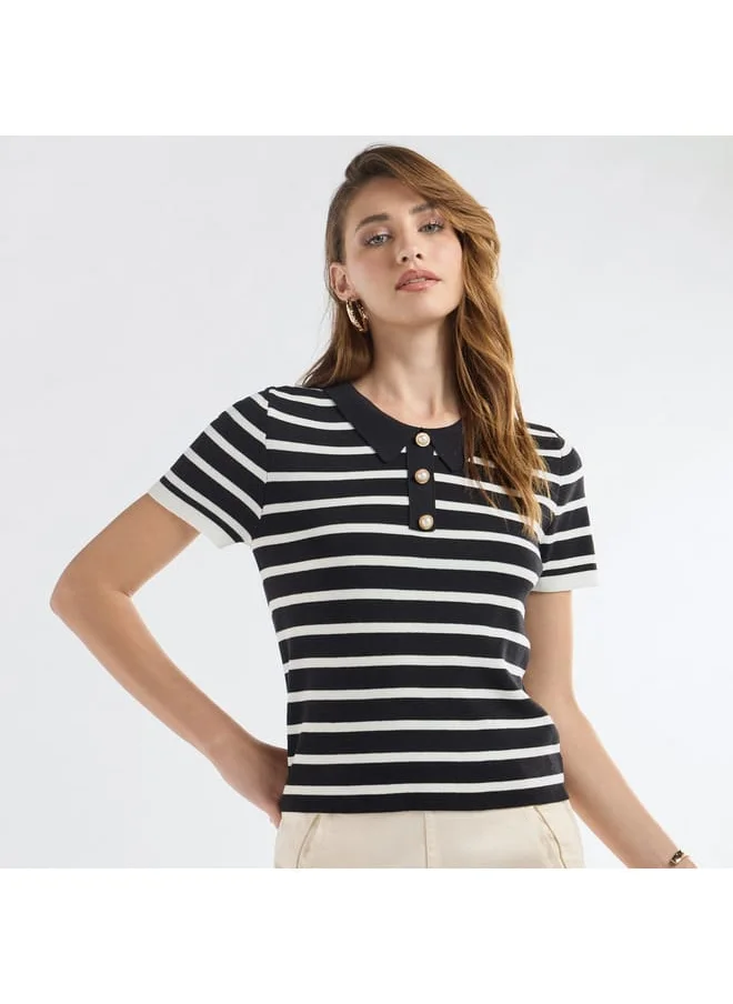 FAV Striped Top with Collared Neck and Short Sleeves