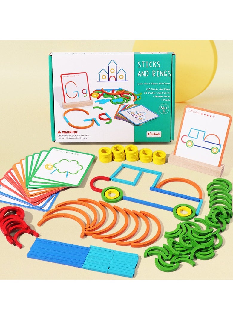 Beauenty Kids Toys for Creative Learning Building Educational Resources Toys for Preschool and Kindergarten Boys and Girls, Children's Gift， Creative Sticks u0026 Rings Puzzle,Open Ended Wooden Shape Puzzles  - Image 1