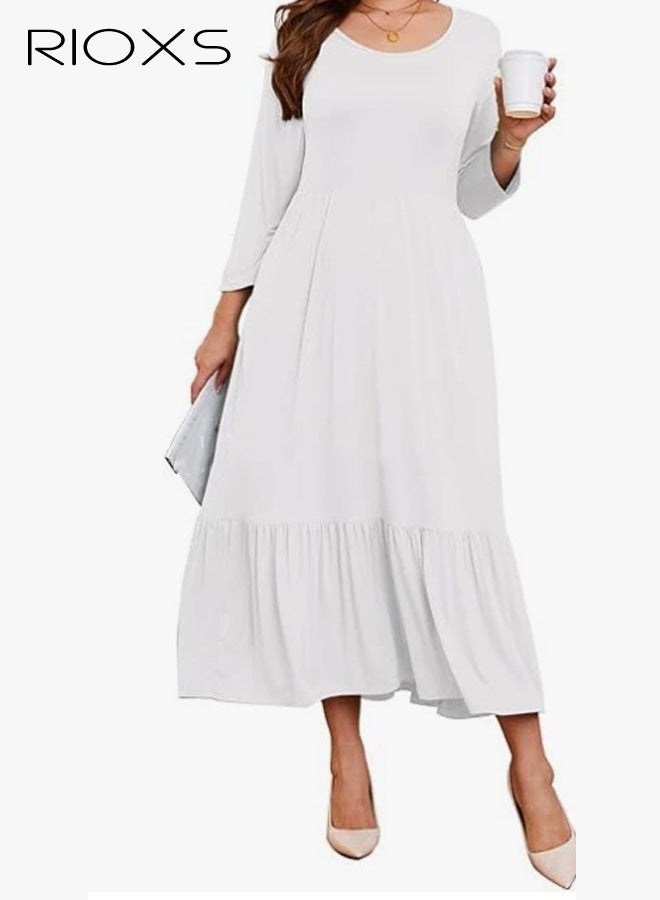 RIOXS Women's 3/4 Sleeve Round Neck Plus Size Maxi Dresses, Summer Breathable High Waist A-line Long Dress for Ladies, Loose Fit Solid Color Casual Tiered Flowy Dress with Pockets, Suitable for Work, Vacation, Beach, Daily Wear, Wedding Guest and More, White - Image 1